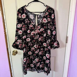 American Eagle Floral Flared Blouson Half Sleeve Mini Dress Black Size M